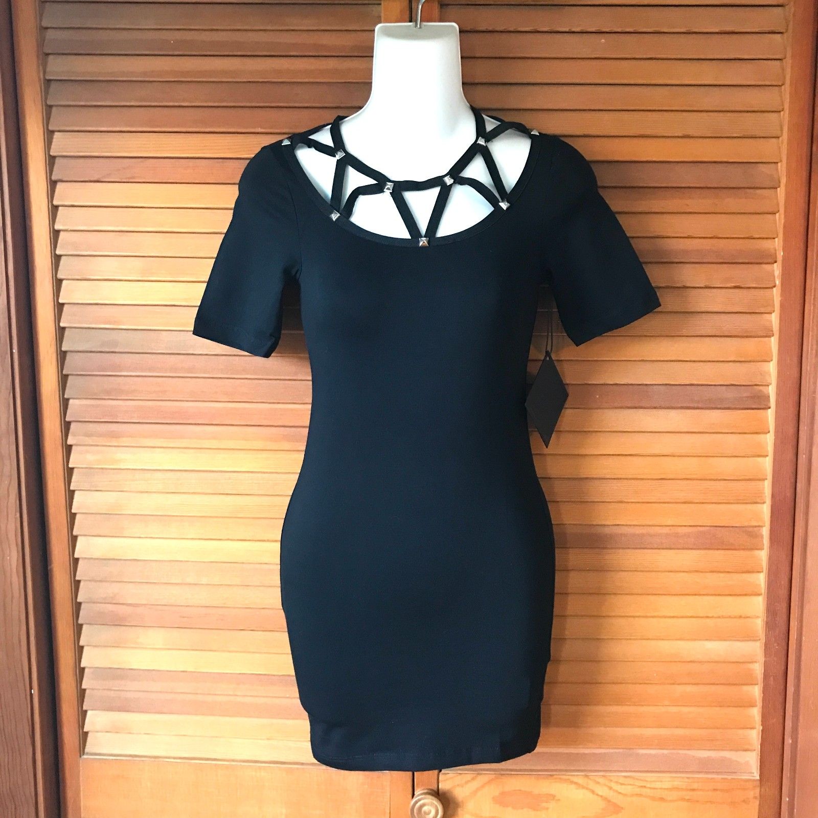 Vintage Lip Service Goth Punk Wicca Bodycon Studded Lattice Neck Mini Dress L